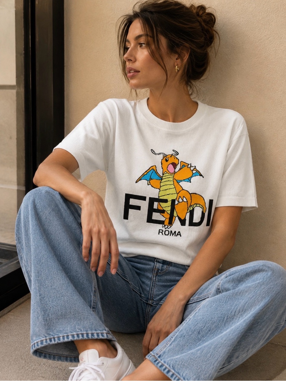 Fendi White knee Tee or Top with Dragonite Graphic x Frgmt x Pokemon sz S - Picture 2 of 6